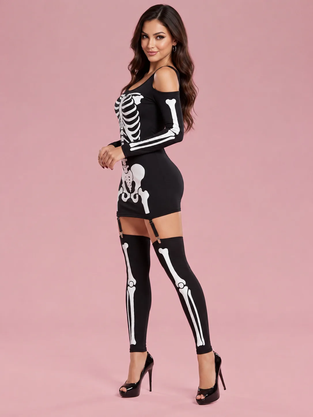 Cold-Shoulder Skeleton Costume Mini Dress for Women - Black - View 2