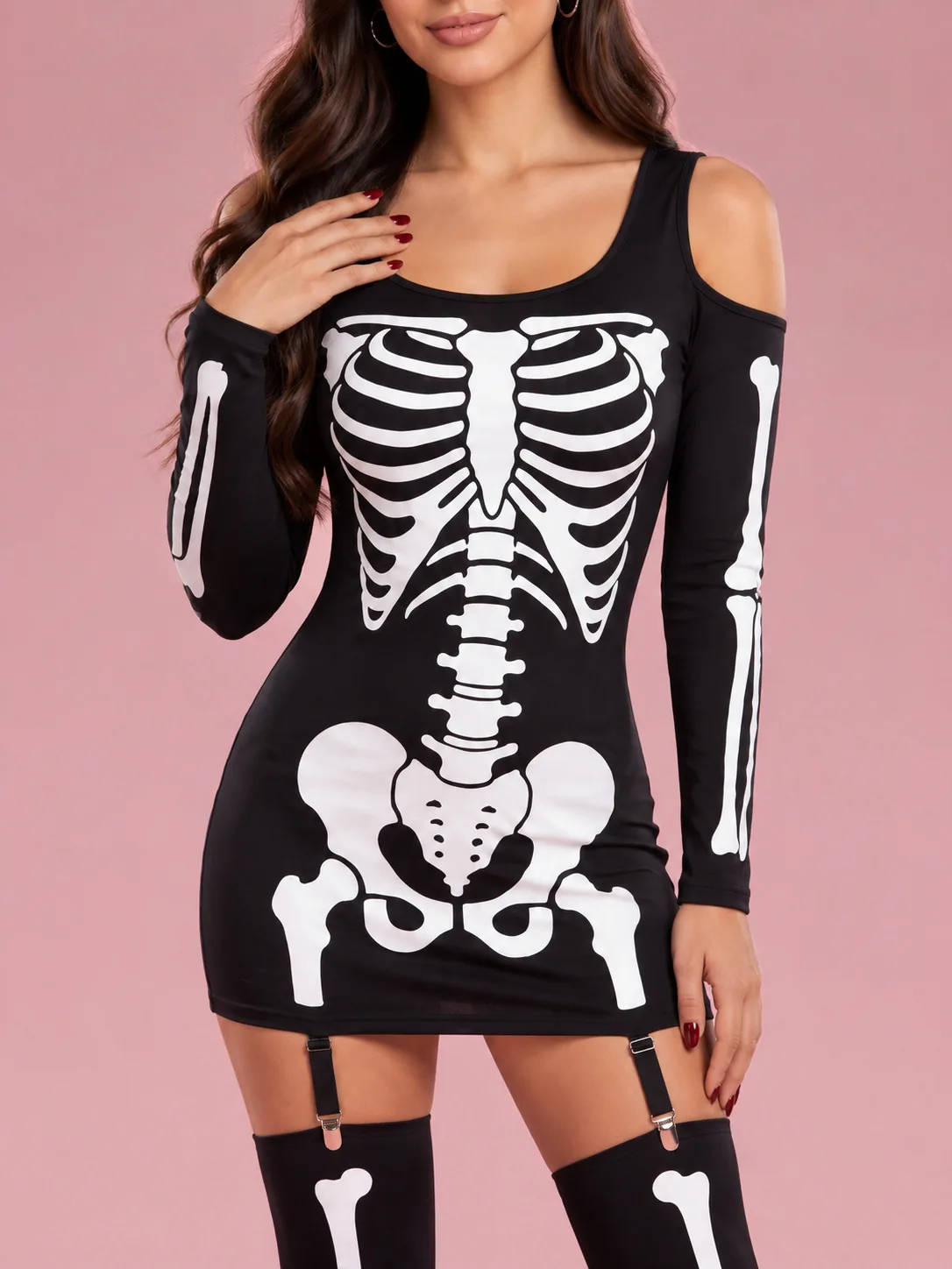 Cold-Shoulder Skeleton Costume Mini Dress for Women - Black - View 3