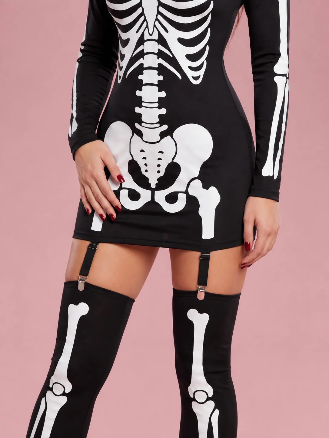 Cold-Shoulder Skeleton Costume Mini Dress for Women - Black - View 4