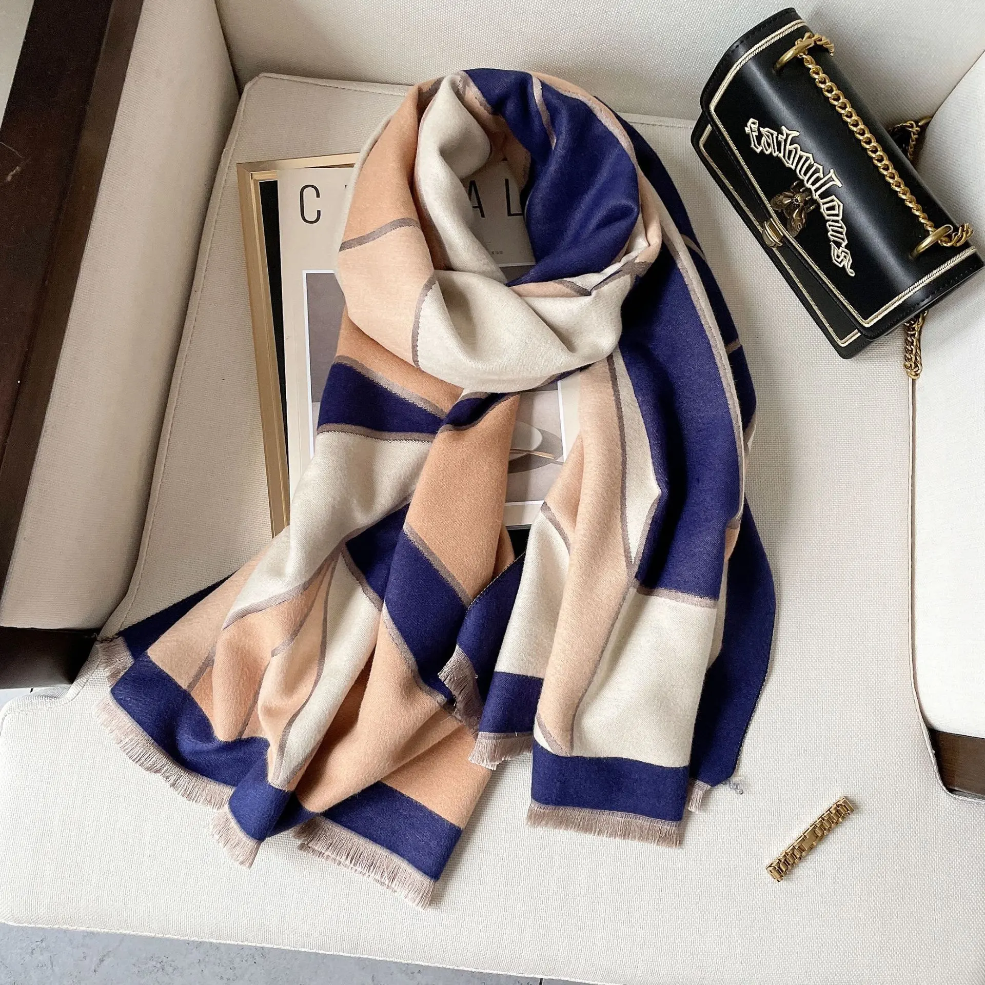 New Color-blocking Warm With Double-sided Imitation Cashmere Scarf - Khaki Navy