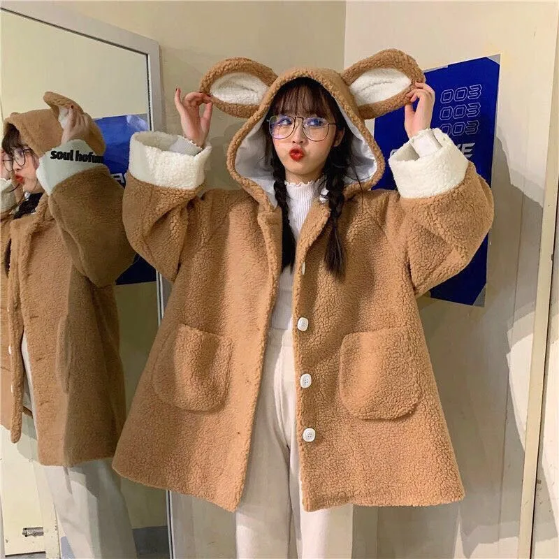 Fashion Winter Bear Ears Bear Tail Lamb Velvet Cute Loose Coat Brown - Shop at LoveMi