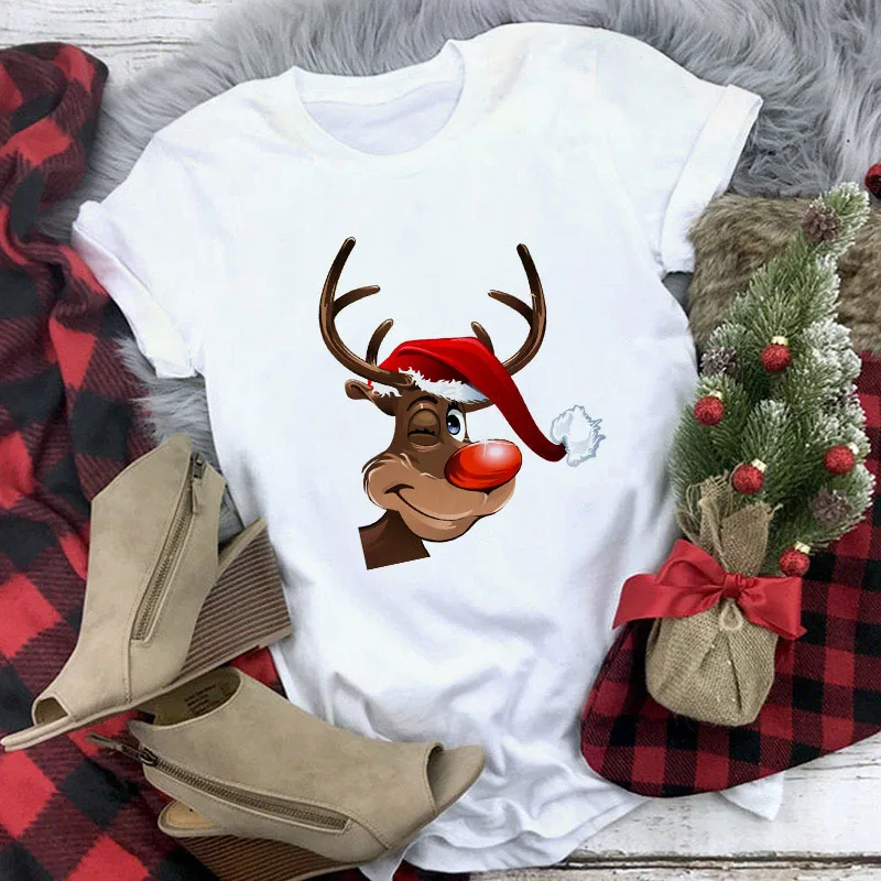 Christmas Movie Print Crew Neck T-shirt Women - 5 Style-S