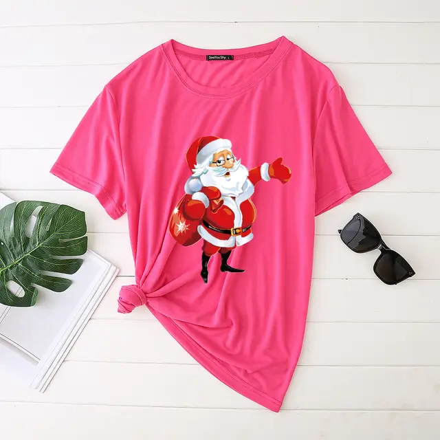 Unisex Santa Printed Loose Round Neck T Shirt Carrying Bags Rose Red - Shop at LoveMi