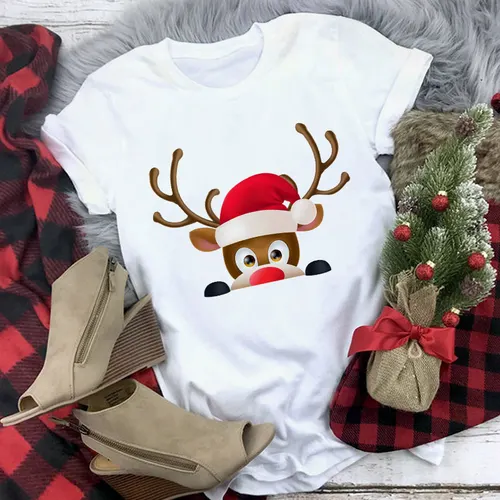 Christmas Movie Print Crew Neck T shirt Women 2 Style L - Shop at LoveMi