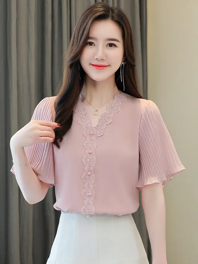 Lace V neck Shirt With Short Sleeves Pink - Shop at LoveMi