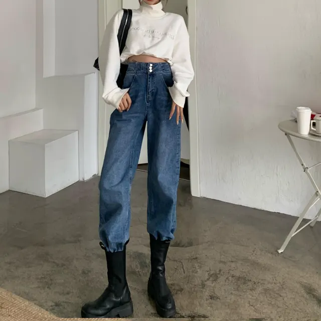 High Waist Jeans Women Fashion All Match Loose Blue - Shop at LoveMi
