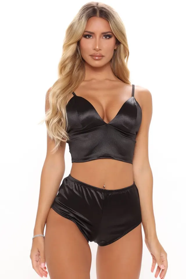 Satin Slim fit Suspender Shorts Two piece Women's Home Service Black - Shop at LoveMi