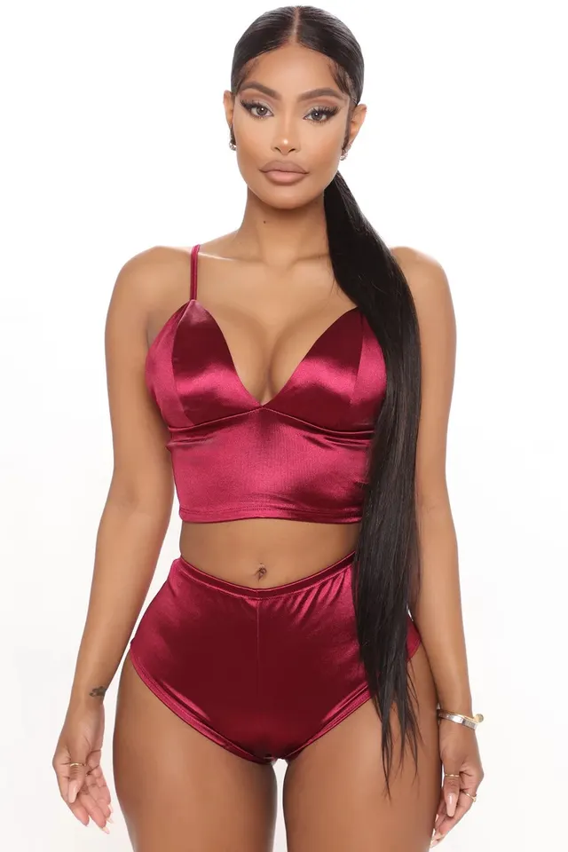 Satin Slim fit Suspender Shorts Two piece Women's Home Service Wine Red - Shop at LoveMi
