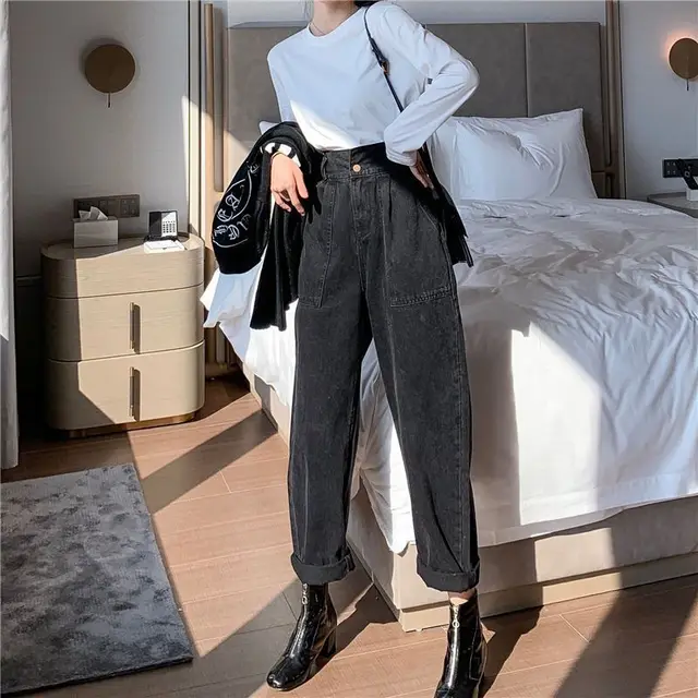 High Waist Denim Straight Wide Leg Pants Women Retro Black Belt - Shop at LoveMi