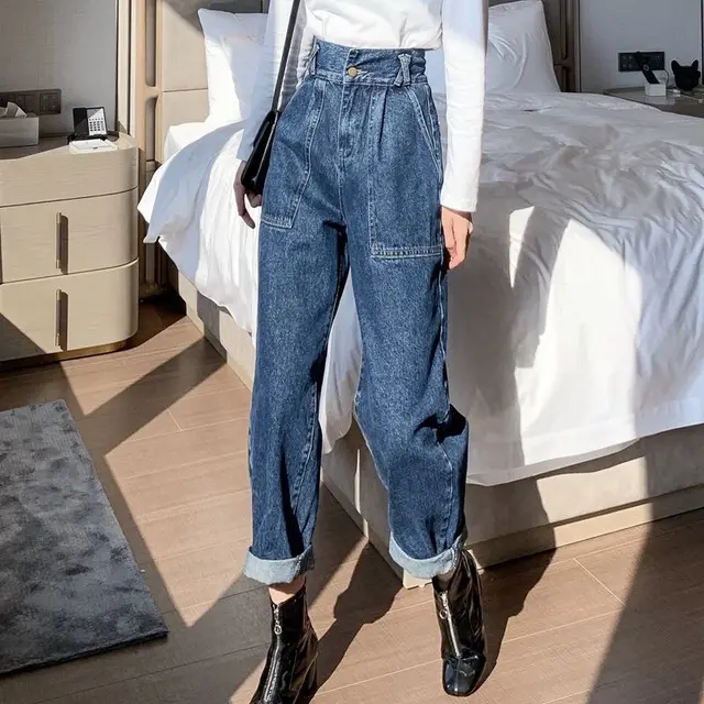 High Waist Denim Straight Wide Leg Pants Women Retro Blue - Shop at LoveMi