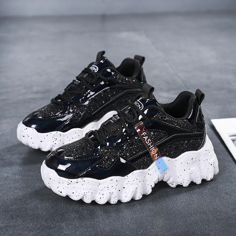 Fashion Sequins Increase Daddy Shoes Platform Casual Sneakers Black - Shop at LoveMi