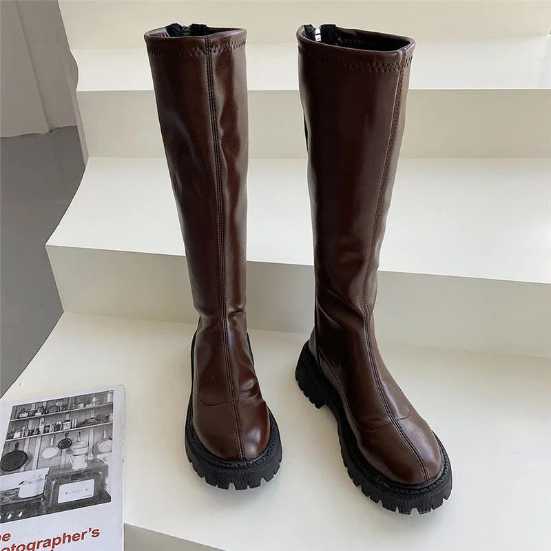 New Fashion Round Toe Square Heel Over The Knee Long Boots Brown - Shop at LoveMi