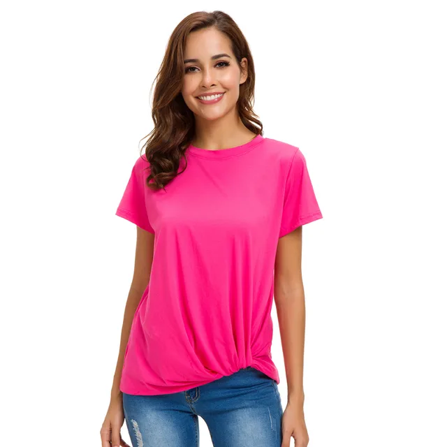 Temperament All match Solid Color Round Neck Casual Short sleeved Women Rose Red - Shop at LoveMi