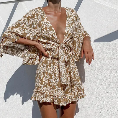 Hollow Ruffled Design Lace Dress On The Chest Khaki - Shop at LoveMi