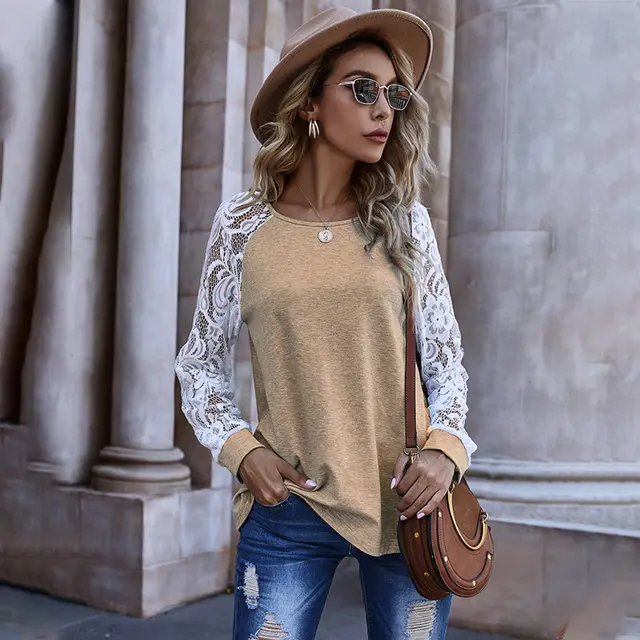 Hollow Lace Long sleeved Round Neck Sweater Women Autumn Flower Khaki - Shop at LoveMi