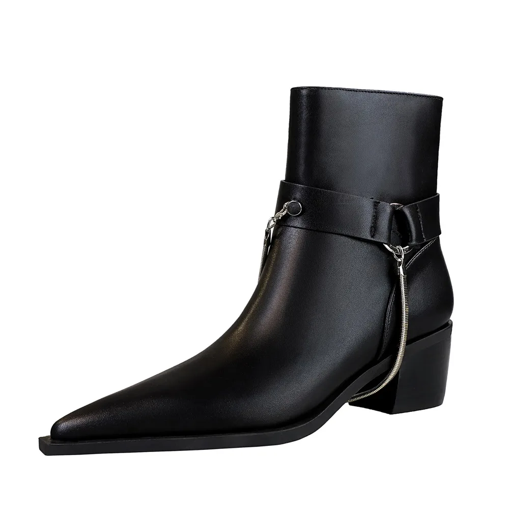 High Heel Pointed Toe Metal Chain Ankle Boots Black - Shop at LoveMi