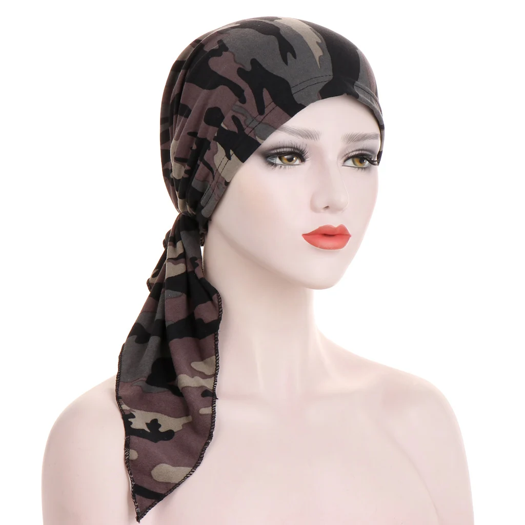 Curved Tail Turban Hat Flower Cloth Pullover - Black Camouflage