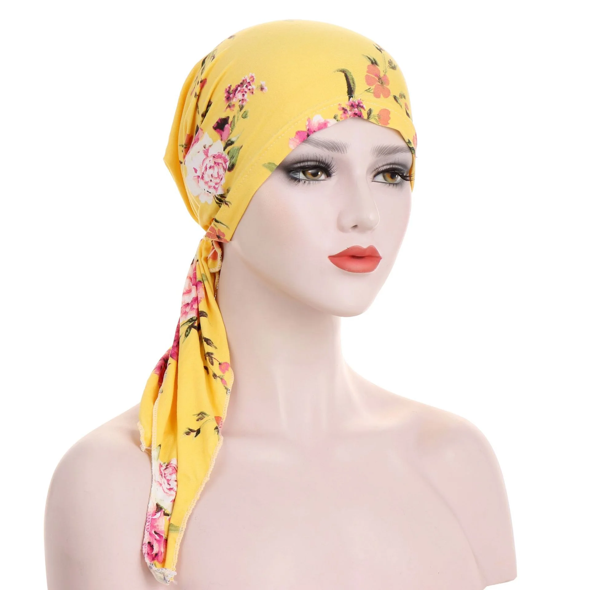 Curved Tail Turban Hat Flower Cloth Pullover - Yellow