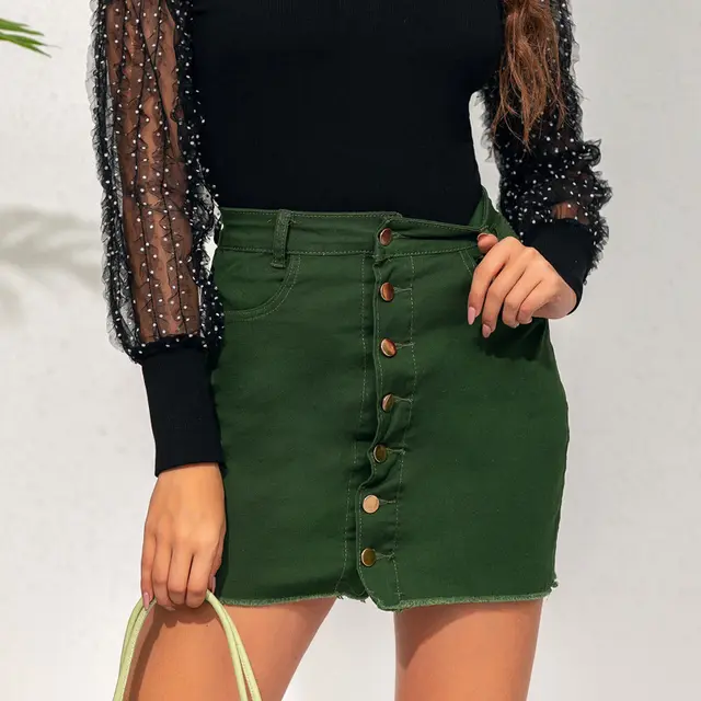 Single breasted Denim Miniskirt Army Green - Shop at LoveMi