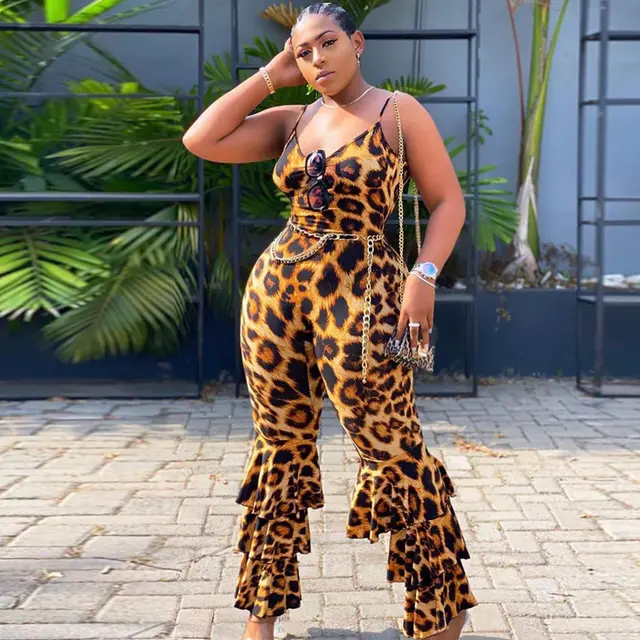 Oversized Women's Jumpsuit With Back V neck Sexy Leopard Print Suspenders Leopard Print - Shop at LoveMi