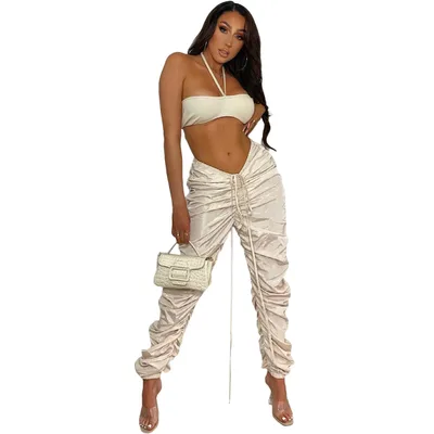 Fashionable New Solid Color Memory Fabric Pleated Drawstring Sports Casual Pants Apricot - Shop at LoveMi