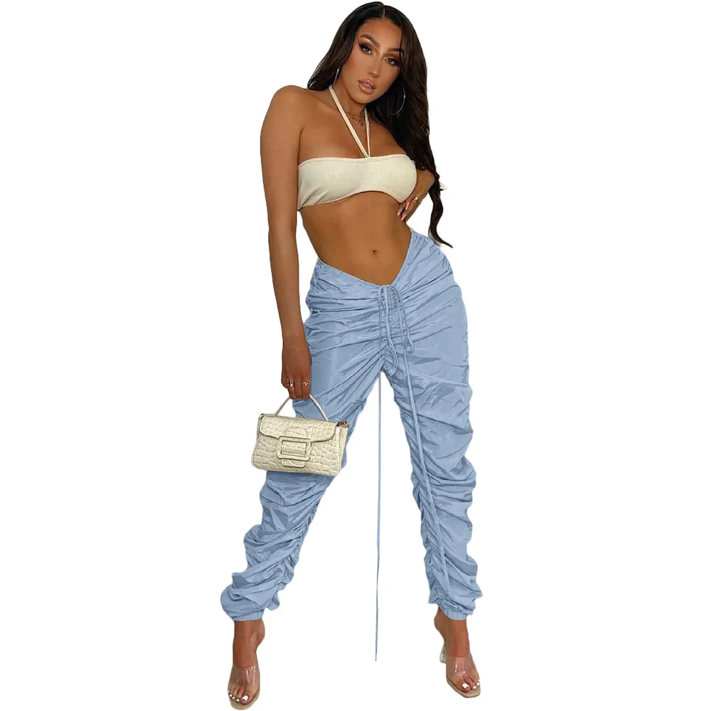 Fashionable New Solid Colour Memory Fabric Pleated Drawstring Sports Casual Pants - Sky Blue