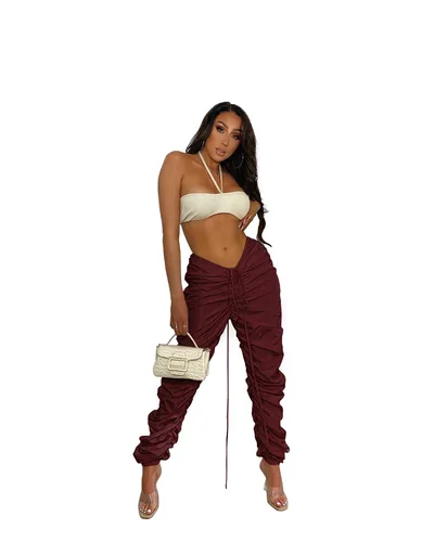 Fashionable New Solid Color Memory Fabric Pleated Drawstring Sports Casual Pants Wine - Shop at LoveMi