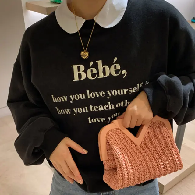 Letter Embroidery Design Loose Casual Long sleeved Sweater Black - Shop at LoveMi