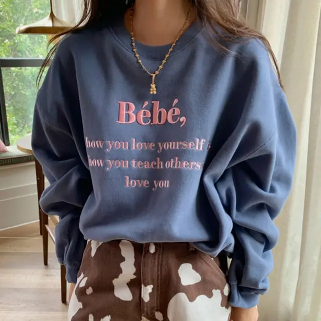 Letter Embroidery Design Loose Casual Long sleeved Sweater Blue - Shop at LoveMi