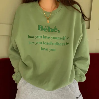 Letter Embroidery Design Loose Casual Long sleeved Sweater Green - Shop at LoveMi