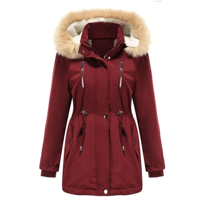 Thick Lamb Velvet Loose Ladies Cotton Jacket With Detachable Hood And Fleece Jacket Wine - Shop at LoveMi