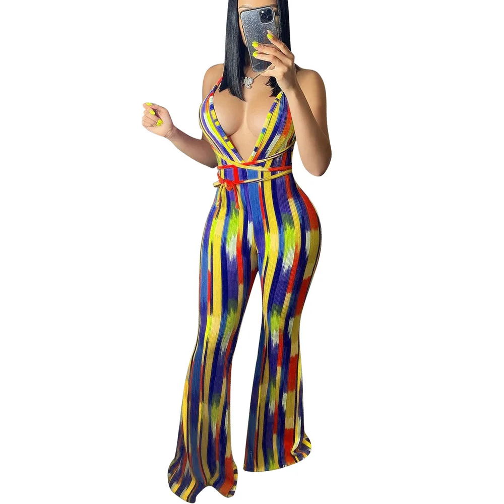 Striped Print Halter Slim-fit Flared Trousers - Green