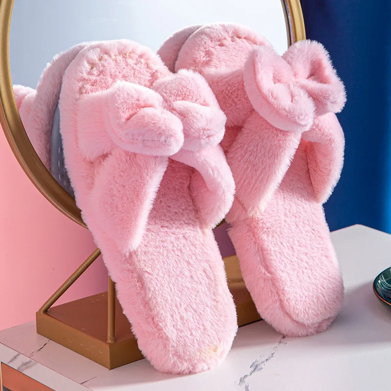 Women's Plush Bow Slippers, Pink - Shop at LoveMi