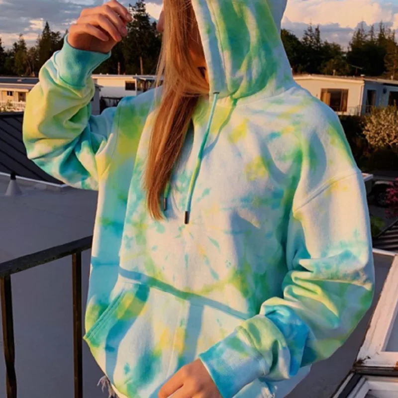 Women's Loose Coat Jacket Hooded Tie Dye Printing Casual Sweater Green - Shop at LoveMi