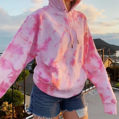 Women's Loose Coat Jacket Hooded Tie Dye Printing Casual Sweater Pink - Shop at LoveMi