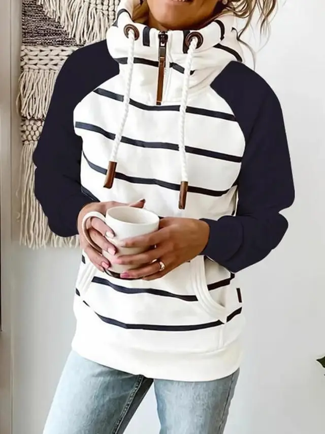 Fashion Autumn Casual Printing Stitching Zipper Pullover Hooded Ladies Sweater Black - Shop at LoveMi