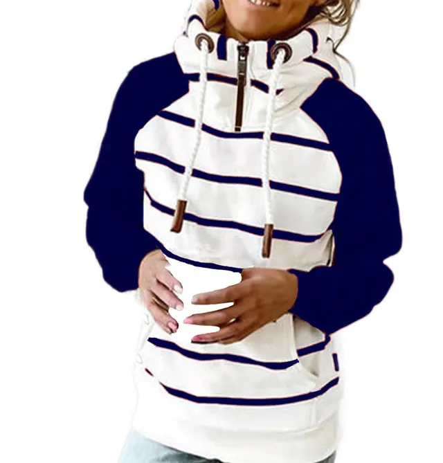 Fashion Autumn Casual Printing Stitching Zipper Pullover Hooded Ladies Sweater Blue - Shop at LoveMi