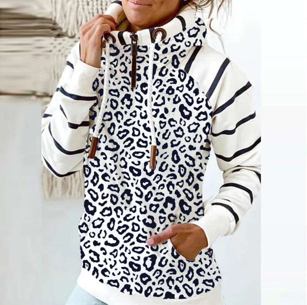 Fashion Autumn Casual Printing Stitching Zipper Pullover Hooded Ladies Sweater Leopard White B - Shop at LoveMi