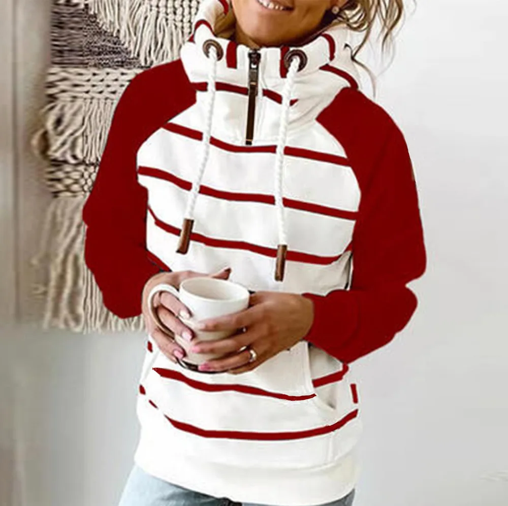 Fashion Autumn Casual Printing Stitching Zipper Pullover Hooded Ladies Sweater Red - Shop at LoveMi