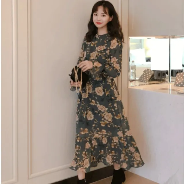 Retro Girl Floral Long sleeved Dress Women Photo Color - Shop at LoveMi