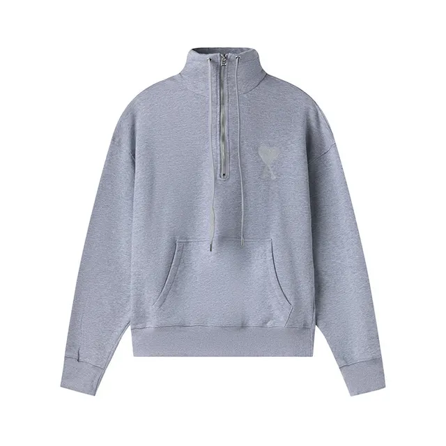 Love Embroidery Half High Collar Half Zipper Male And Female Students Fashion Casual Sweater Grey - Shop at LoveMi
