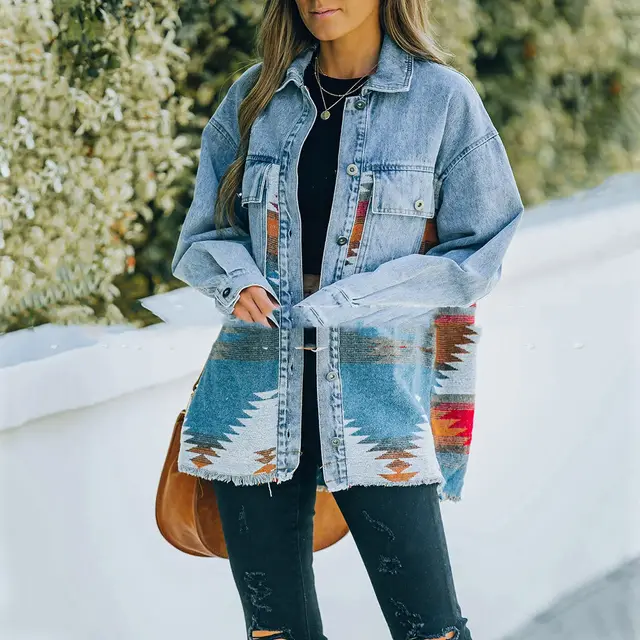 Lapel Pocket Denim Stitching Woolen Jacket Blue - Shop at LoveMi