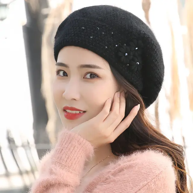 Women's Winter Rabbit Fur Hat Thickened Warm Woolen Yarn Black - Shop at LoveMi