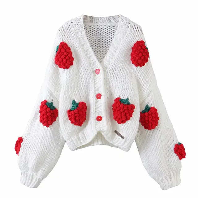 Handmade Crochet Cardigan Sweater Women Fruit Jacquard Embroidery Red Strawberry With White Back - Shop at LoveMi