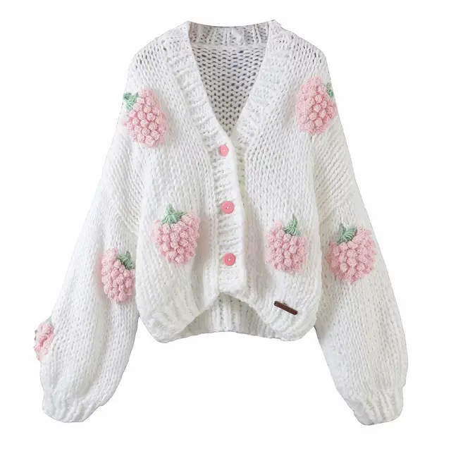 Handmade Crochet Cardigan Sweater Women Fruit Jacquard Embroidery White Strawberry With Powder - Shop at LoveMi