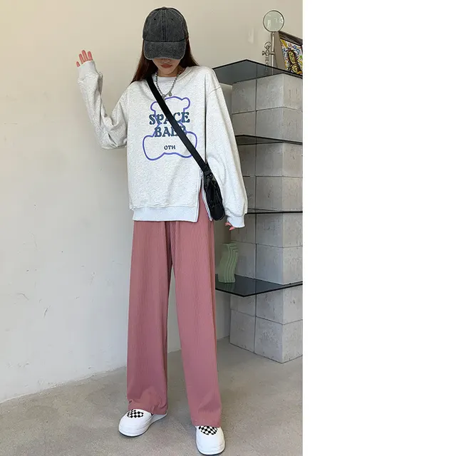 New Straight Tube Floor Pants Spring And Autumn Hang Loose Pink - Shop at LoveMi