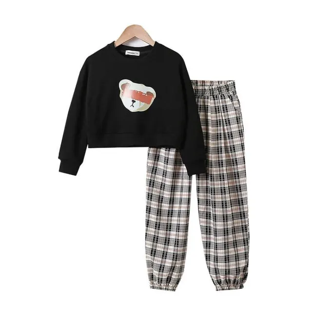 Girls' Casual Suit Cartoon Short Sweater Loose fitted Plaid Pants Black Top Jugger Pants - Shop at LoveMi