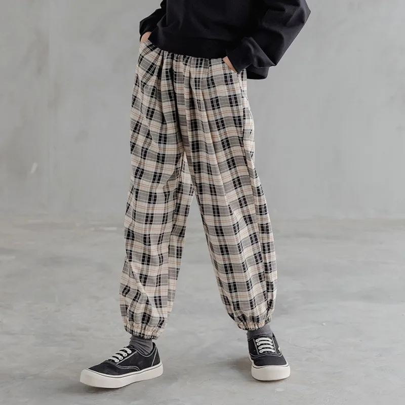 Girls' Casual Suit Cartoon Short Sweater Loose fitted Plaid Pants Checked Pants One Piece - Shop at LoveMi
