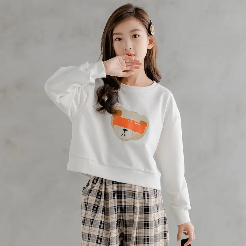 Girls' Casual Suit Cartoon Short Sweater Loose-fitted Plaid Pants - Single Piece Of White Shirt