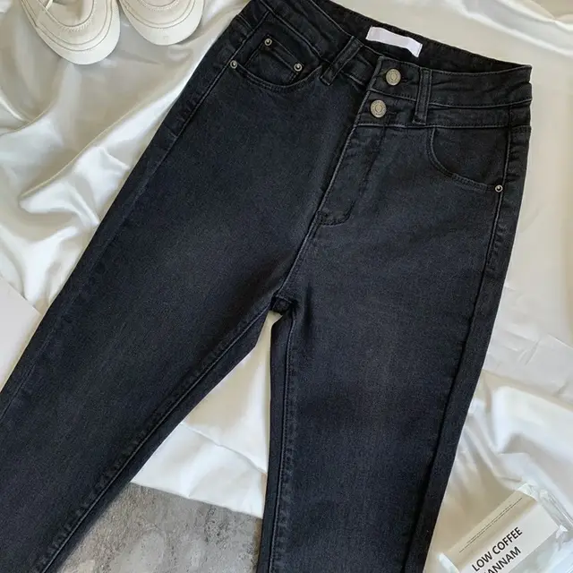 High waisted Two button Fur trimmed Jeans Are Tight And Slim Black - Shop at LoveMi